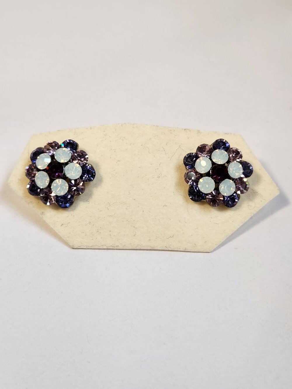 VTG Purple White Opal-Effect Crystal Floral Cluster Stud Earrings